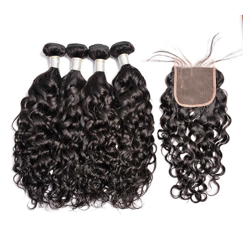 wholesale 8A 10A brazilian straight body kinky curly water deep wave 100% virgin human hair bundles with lace frontal closure