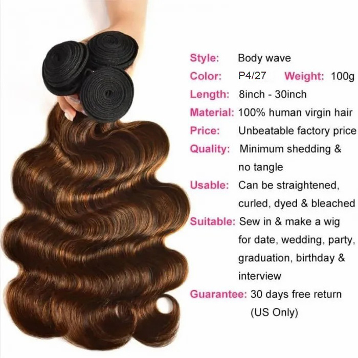 Real Factory Professional Manufacturer Wholesale Human Hair Extensions Highlight Human Hair Weave P4/27 Body Wave  Hair Bundles