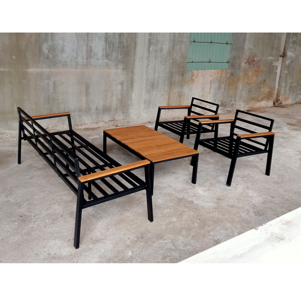 Decorative outdoor indoor 4 pcs metal with solid wood chat set madeset made in Vietnam for garden furniture