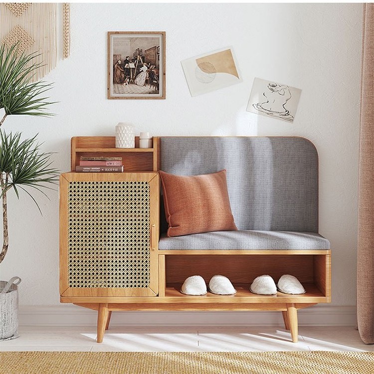 Modern Style Living Room Furniture High Quality New Design Rattan Rubber Wood Shoes Cabinet with Wooden Legs