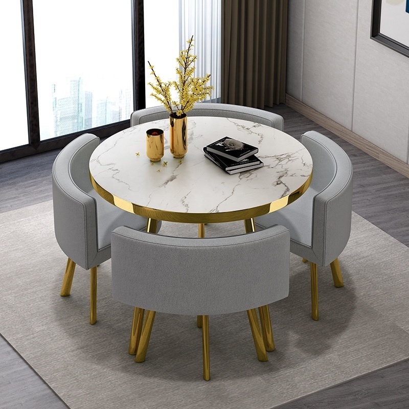 Modern Space Save Small Home Dinning Furniture Restaurant Round Marble Gold Stainless Steel Dining Table And 4 Chair Set