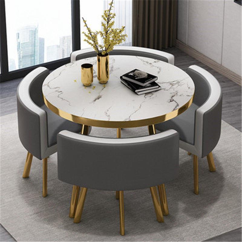 Modern Space Save Small Home Dinning Furniture Restaurant Round Marble Gold Stainless Steel Dining Table And 4 Chair Set