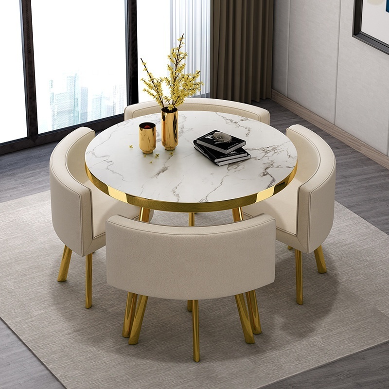 Modern Space Save Small Home Dinning Furniture Restaurant Round Marble Gold Stainless Steel Dining Table And 4 Chair Set