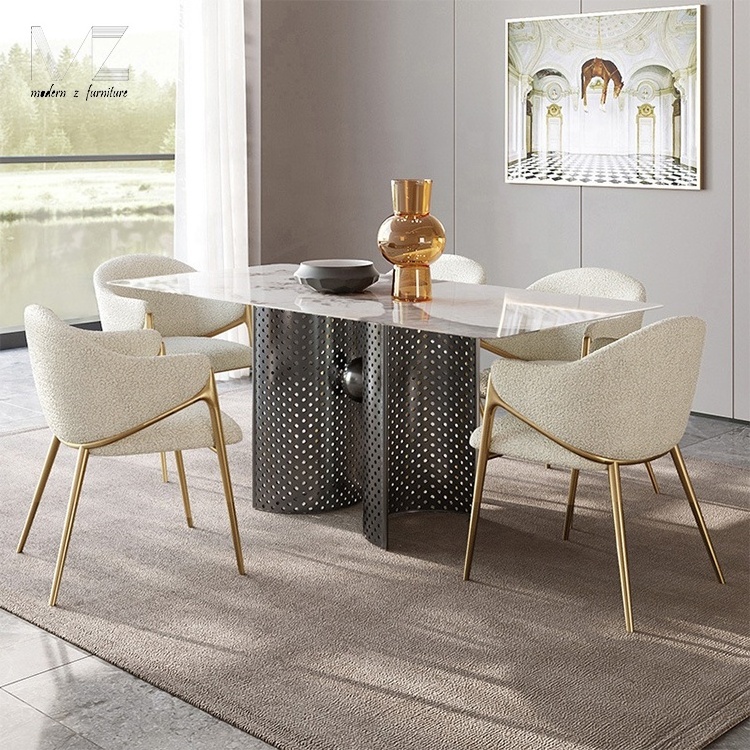 European Style Dinning Room Furniture Cafe Modern White Kitchen Chairs Stainless Steel Boucle Accent Dining Chair With Gold Leg