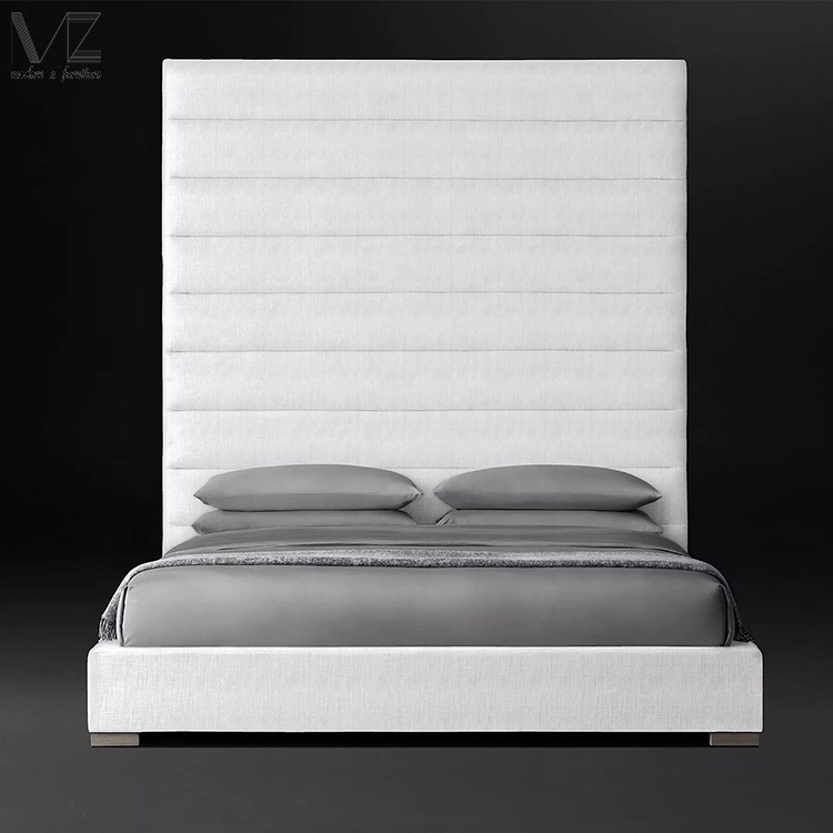 Luxury Bedroom Furniture Contemporary Cama De Casal Solid Wood Tall Headboard White Linen King Full Size Queen Modern Bed Frame