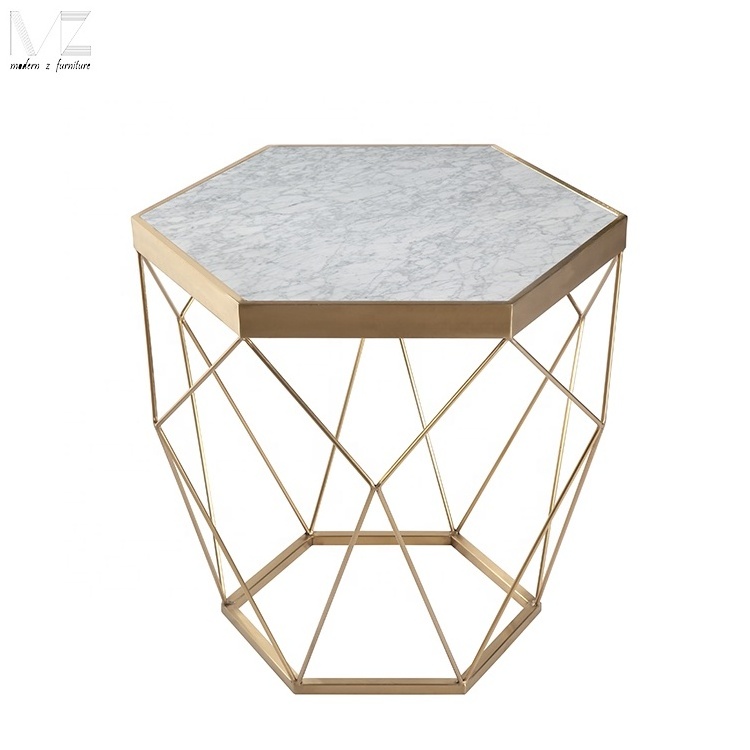 for Sale Modern Stainless Steel diamond shaped hexagon white Marble top Sofa end side diamond Coffee Table