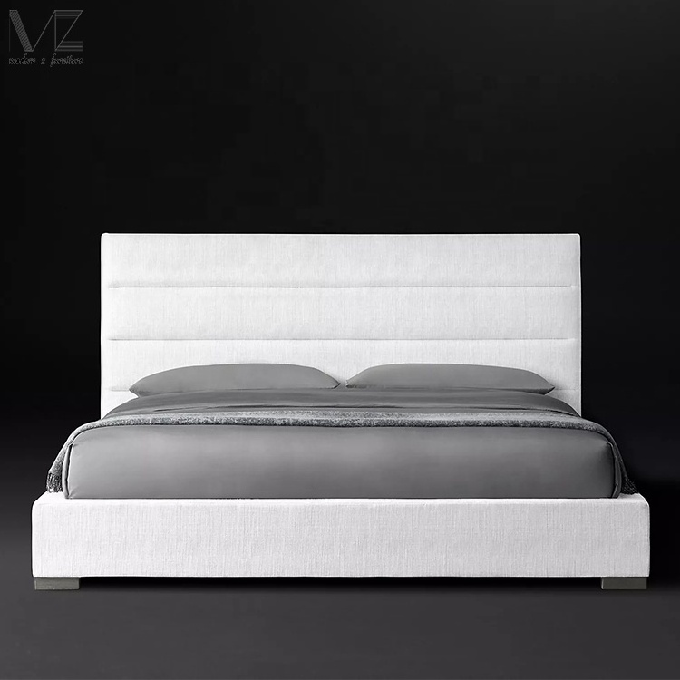 Luxury Bedroom Furniture Contemporary Cama De Casal Solid Wood Tall Headboard White Linen King Full Size Queen Modern Bed Frame