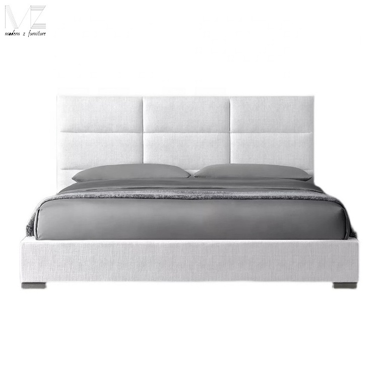 Luxury Bedroom Furniture Contemporary Cama De Casal Solid Wood Tall Headboard White Linen King Full Size Queen Modern Bed Frame