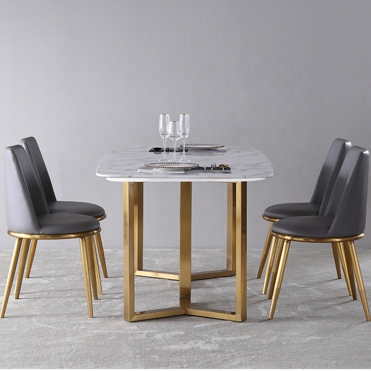 Modern European Apartment large white rectangular marble dining table with gold metal base