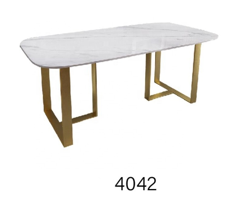 Modern European Apartment large white rectangular marble dining table with gold metal base