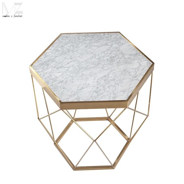 for Sale Modern Stainless Steel diamond shaped hexagon white Marble top Sofa end side diamond Coffee Table