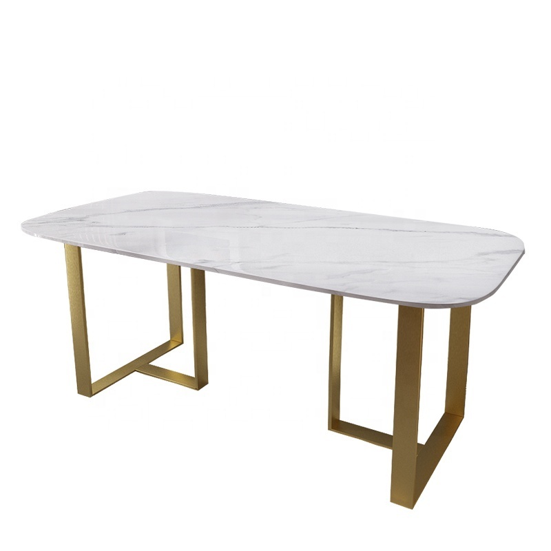 Modern European Apartment large white rectangular marble dining table with gold metal base