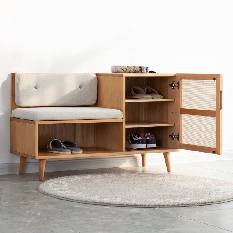 Modern Style Living Room Furniture High Quality New Design Rattan Rubber Wood Shoes Cabinet with Wooden Legs