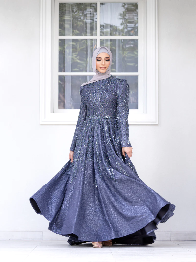 SIPO Muslim Fashion Pearl Beaded Elegant Prom Maxi Dress Women Party Maxi Gown Loose Gathered Embellished Crystals Dress