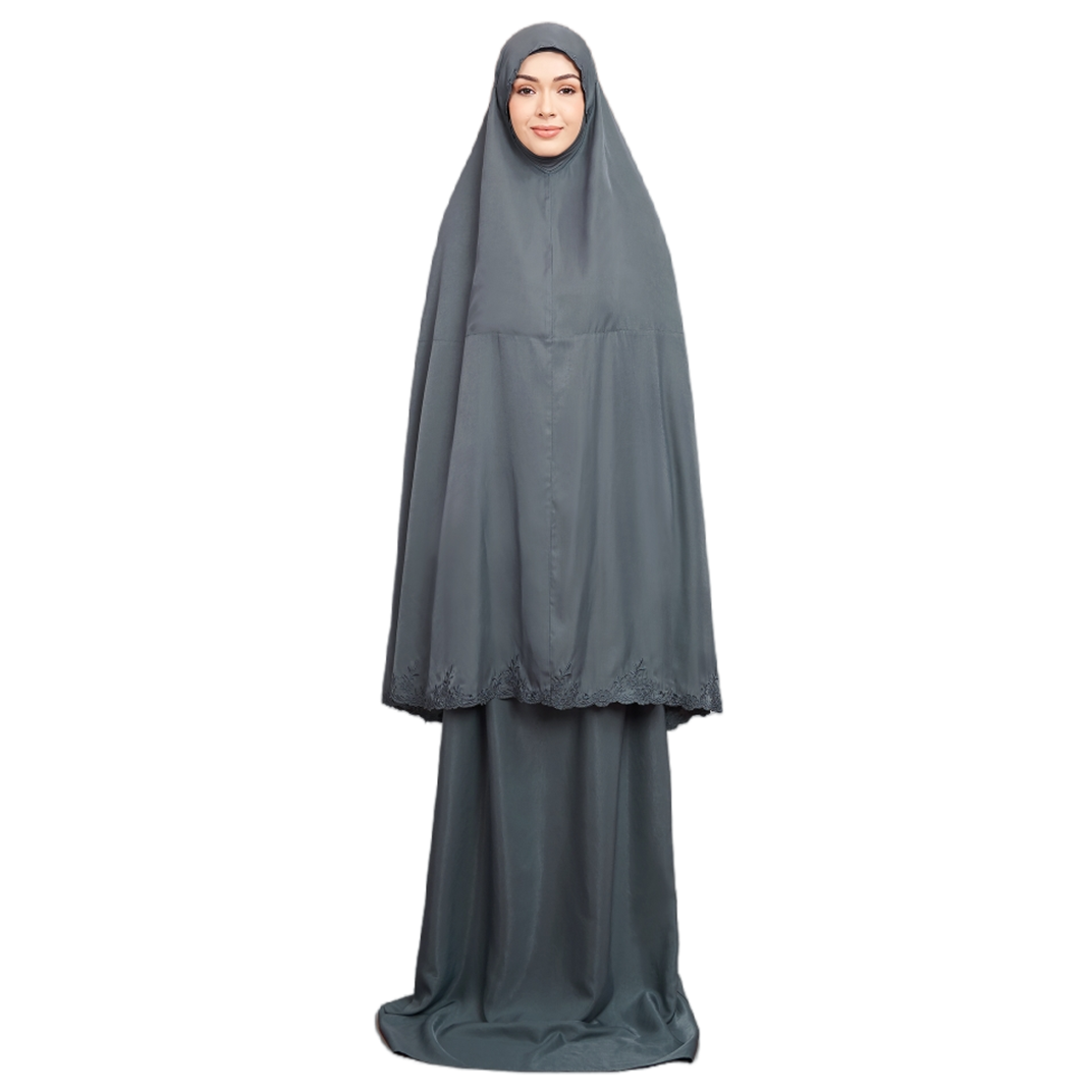 SIPO Eid 2023 Lace Embroidery 2 piece Jilbab Abaya Muslim Women Malaysia Tudung Khimar Dress Lace Hem Chiffon Prayer Telekung