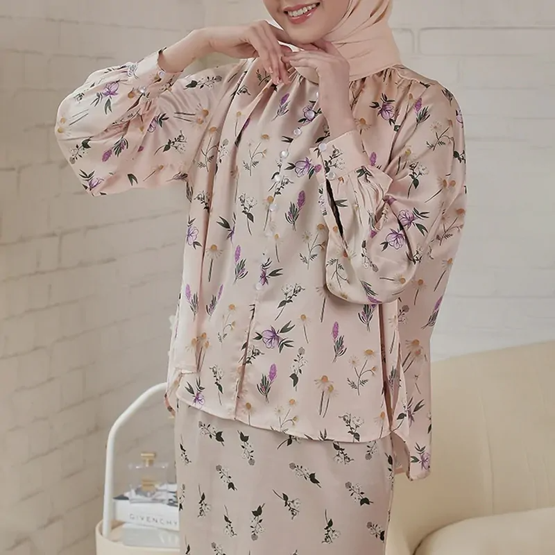 SIPO Eid 2024 Malaysia Muslimah Perempuan Flora Print Kurung Peach Cream Dress Modern Baju Kurung