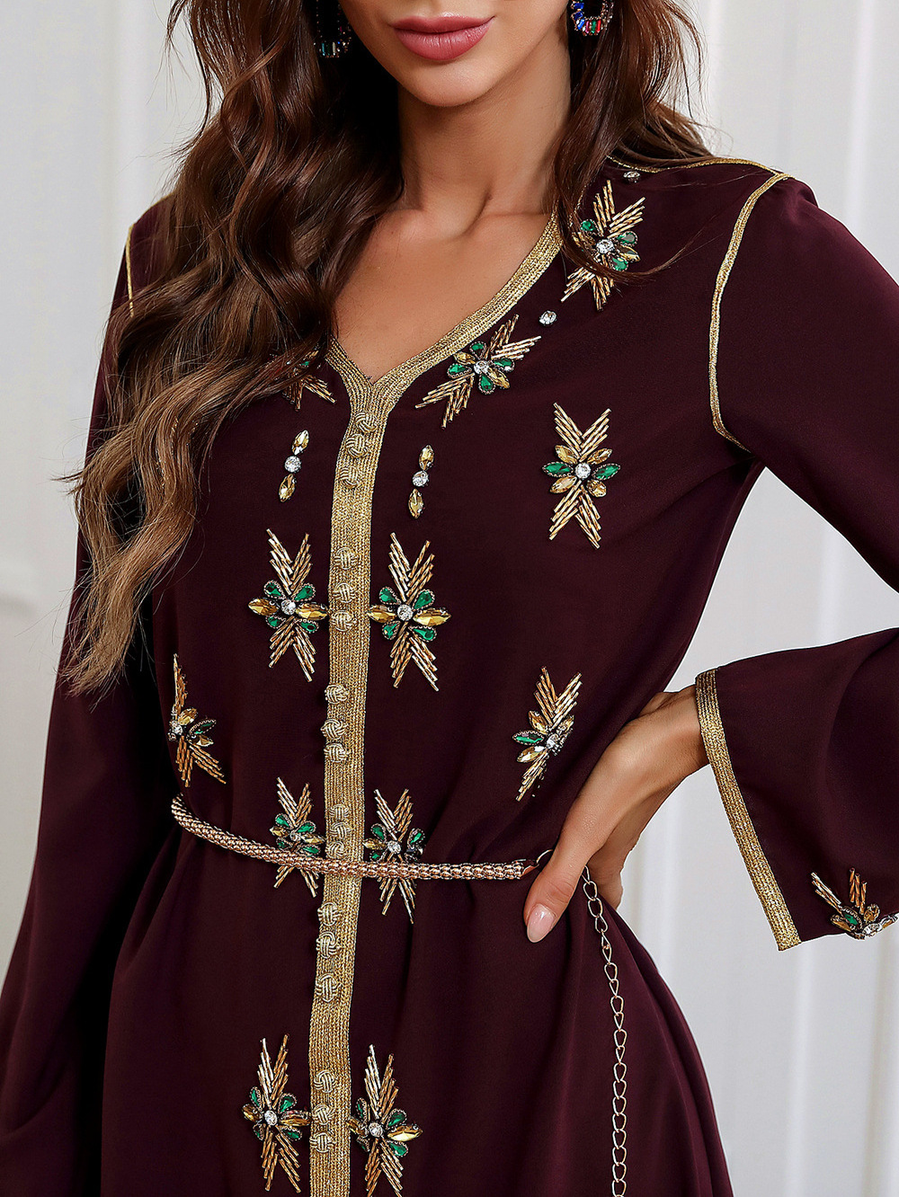 SIPO Eid V Neck Traditional Hand Beaded Design Abaya With Embroidery Women Abaya Dress