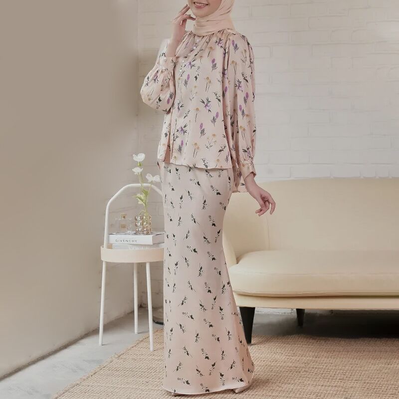 SIPO Eid 2024 Malaysia Muslimah Perempuan Flora Print Kurung Peach Cream Dress Modern Baju Kurung