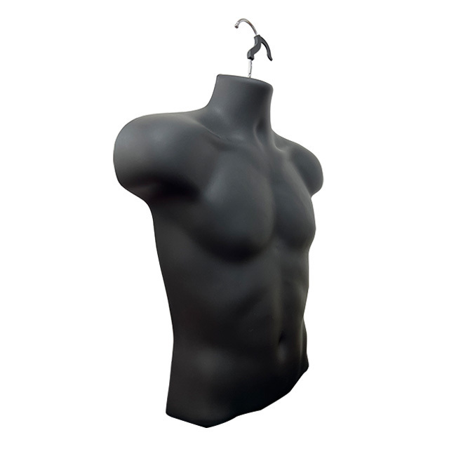 A molded plastic hollow-backed male torso designed for hanging