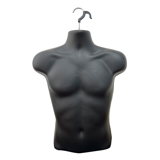 A molded plastic hollow-backed male torso designed for hanging