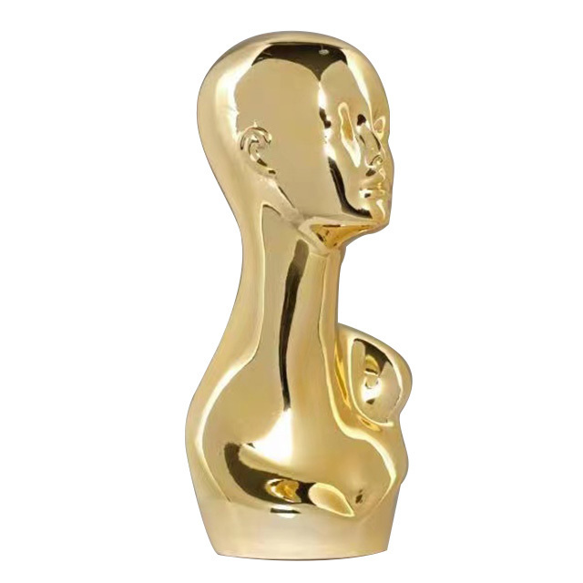 Rose gold electroplated plastic mannequin head for displaying hats as a high-end clothing prop