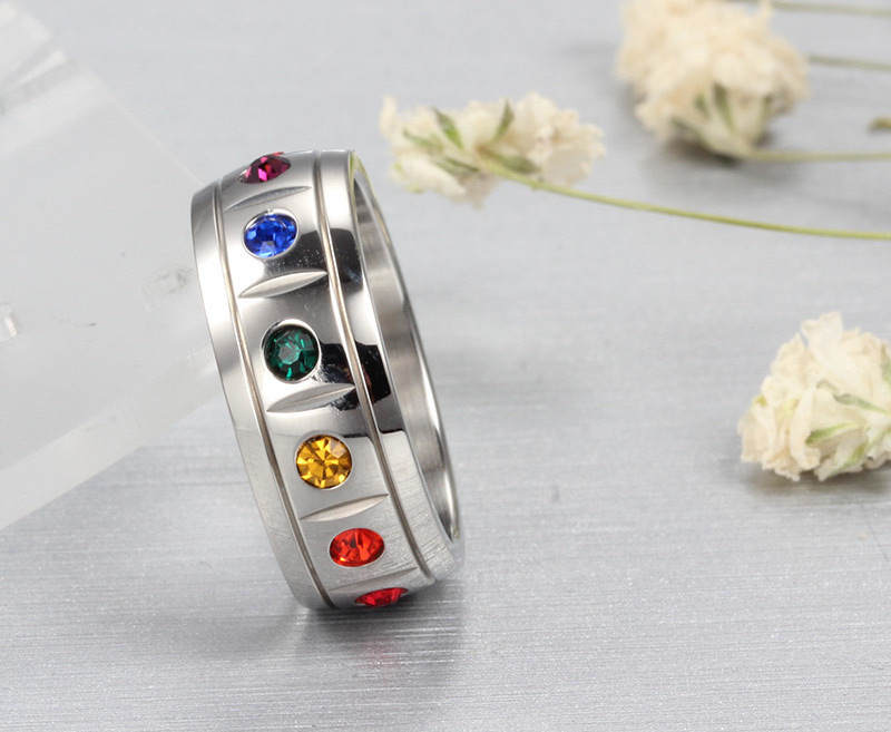 Women Men's Stainless Steel Multi Color Rhinestone Spinner Ring Anti Fidget Rainbow Spinning Rings