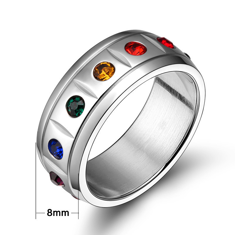 Women Men's Stainless Steel Multi Color Rhinestone Spinner Ring Anti Fidget Rainbow Spinning Rings