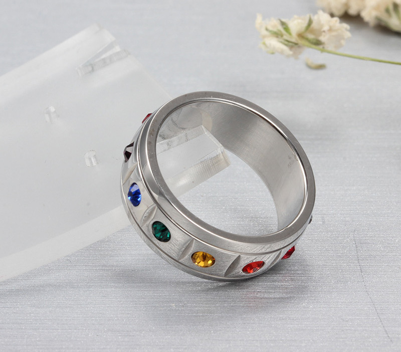 Women Men's Stainless Steel Multi Color Rhinestone Spinner Ring Anti Fidget Rainbow Spinning Rings