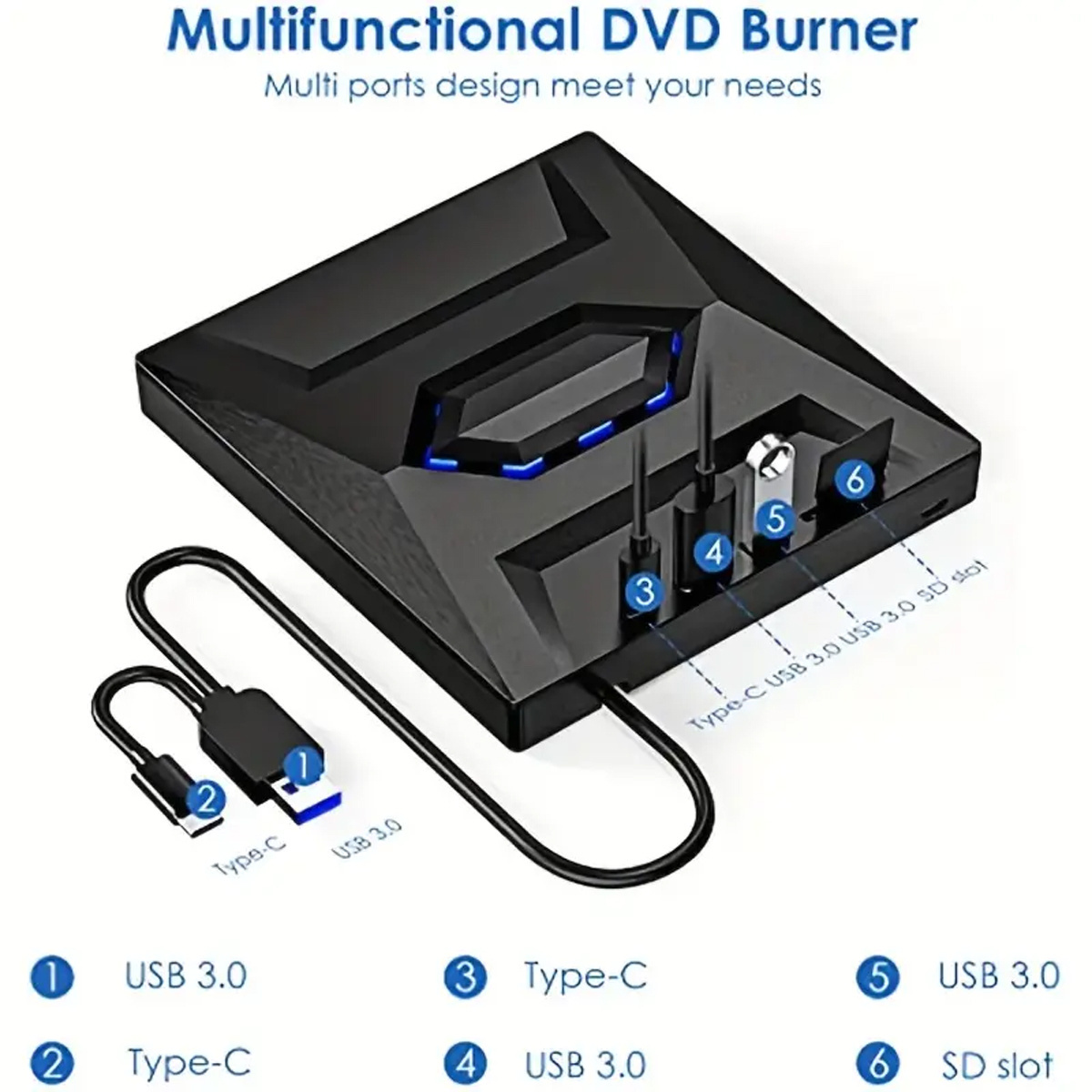 Latest dvd burner USB 3.0/TYPE C 7-in-1SD TF card reader HUB and USB flash disk player Slim Portable CD-RW for Notebook Desktop