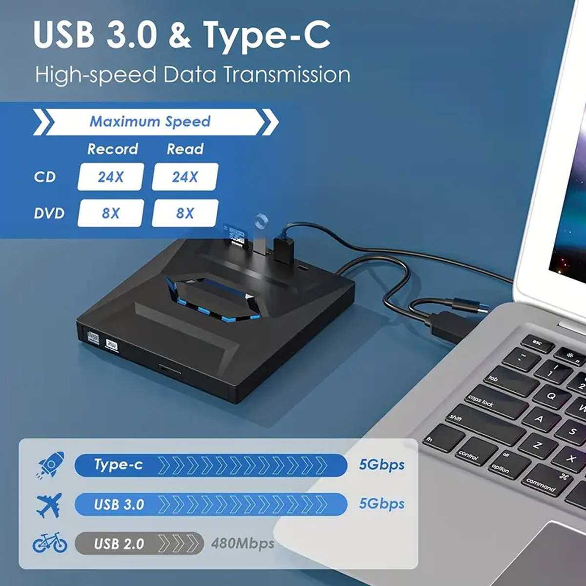 Latest dvd burner USB 3.0/TYPE C 7-in-1SD TF card reader HUB and USB flash disk player Slim Portable CD-RW for Notebook Desktop