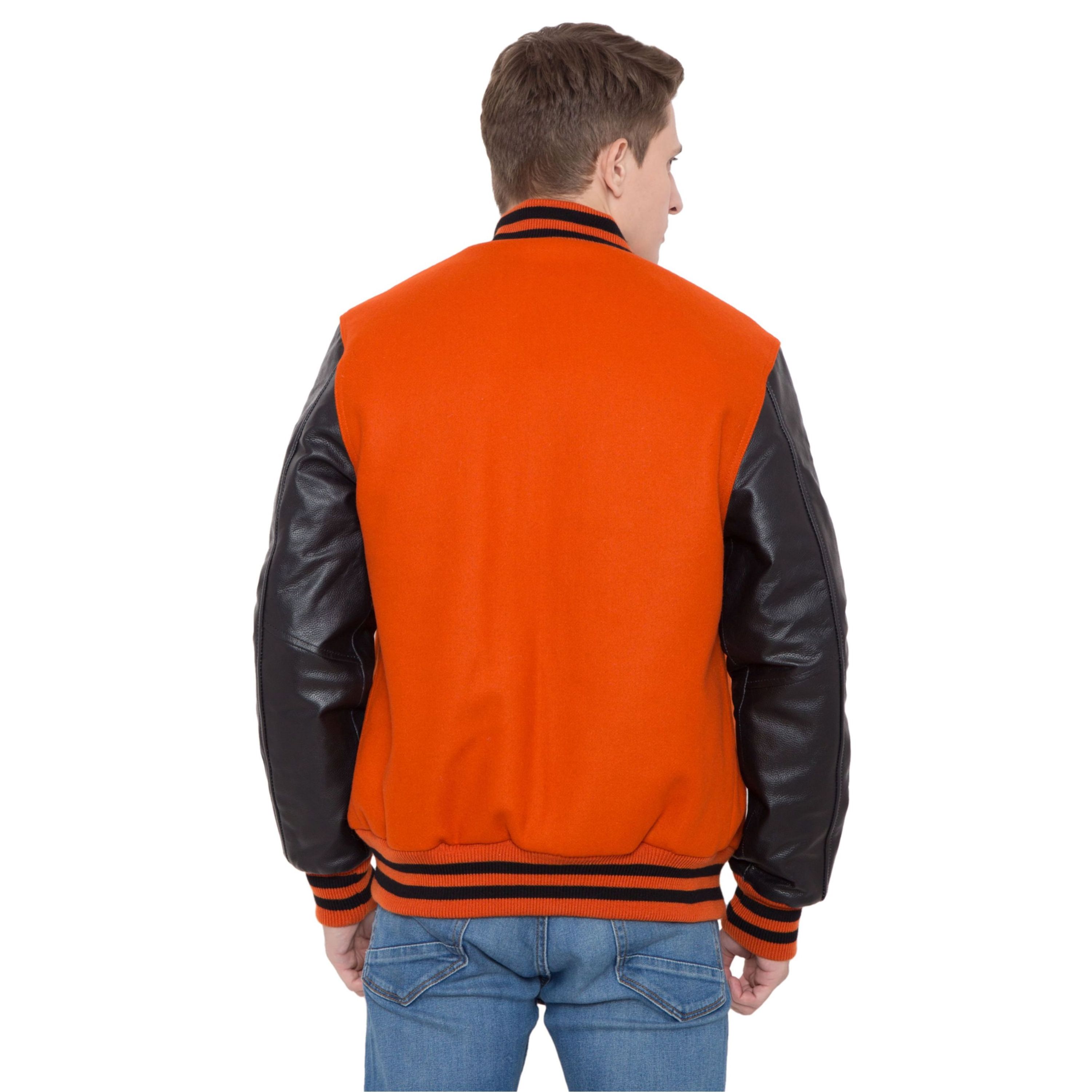 Men's Winter Varsity Jacket Quick Dry Orange & Black Letterman 100% Cashmere Wool Body & Genuine Cowhide Leather Sleeves