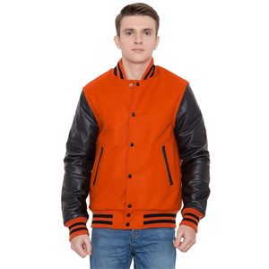 Men's Winter Varsity Jacket Quick Dry Orange & Black Letterman 100% Cashmere Wool Body & Genuine Cowhide Leather Sleeves