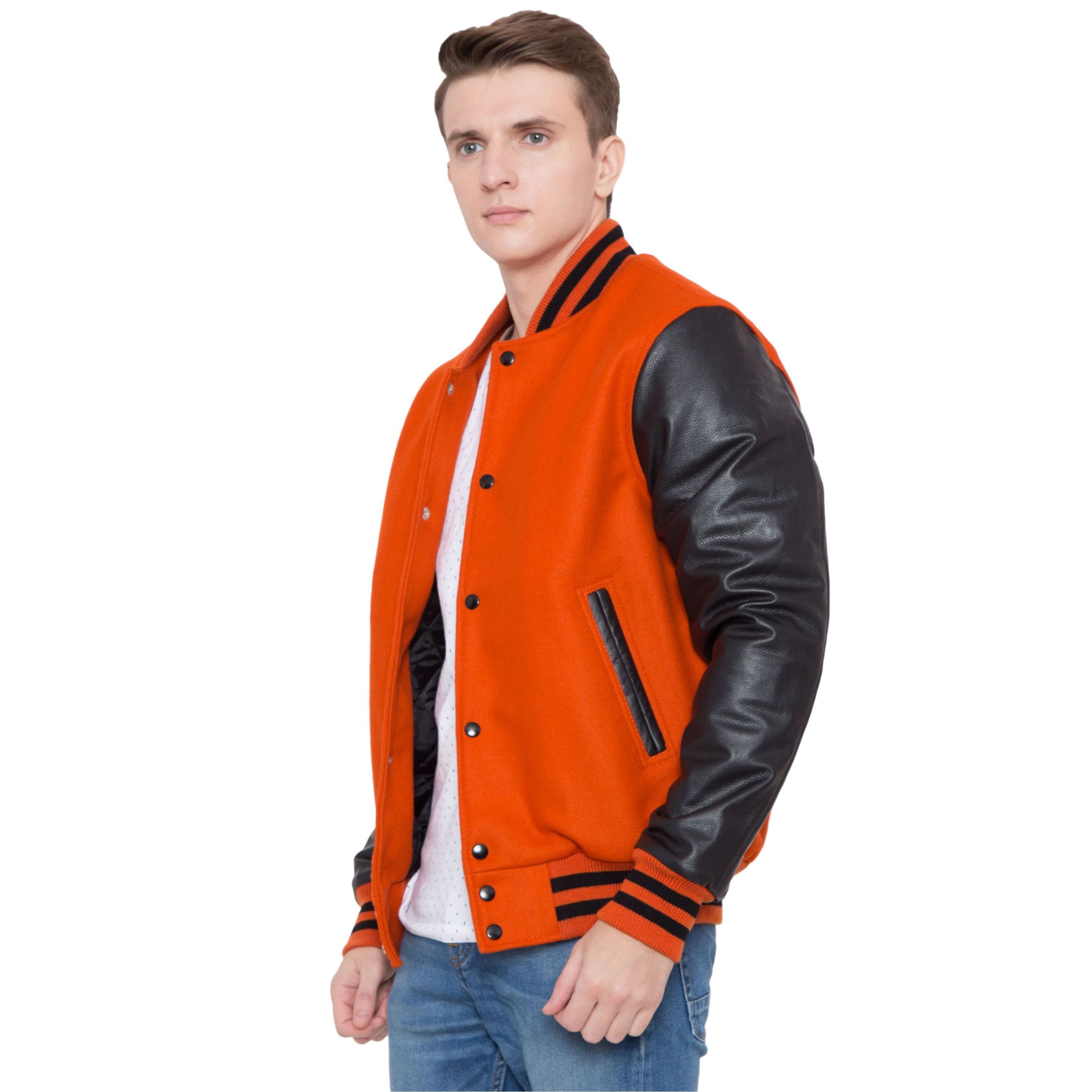 Men's Winter Varsity Jacket Quick Dry Orange & Black Letterman 100% Cashmere Wool Body & Genuine Cowhide Leather Sleeves