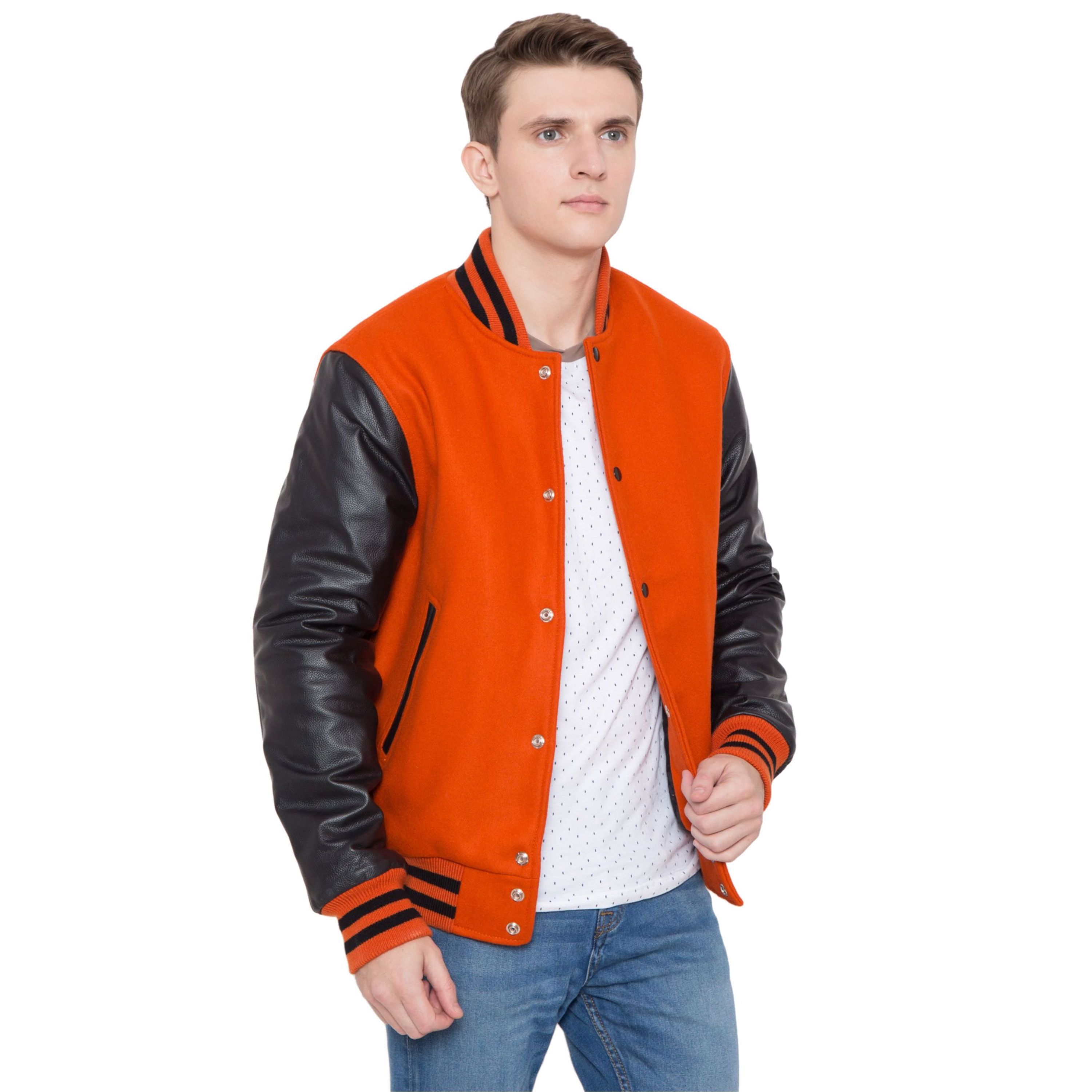 Men's Winter Varsity Jacket Quick Dry Orange & Black Letterman 100% Cashmere Wool Body & Genuine Cowhide Leather Sleeves