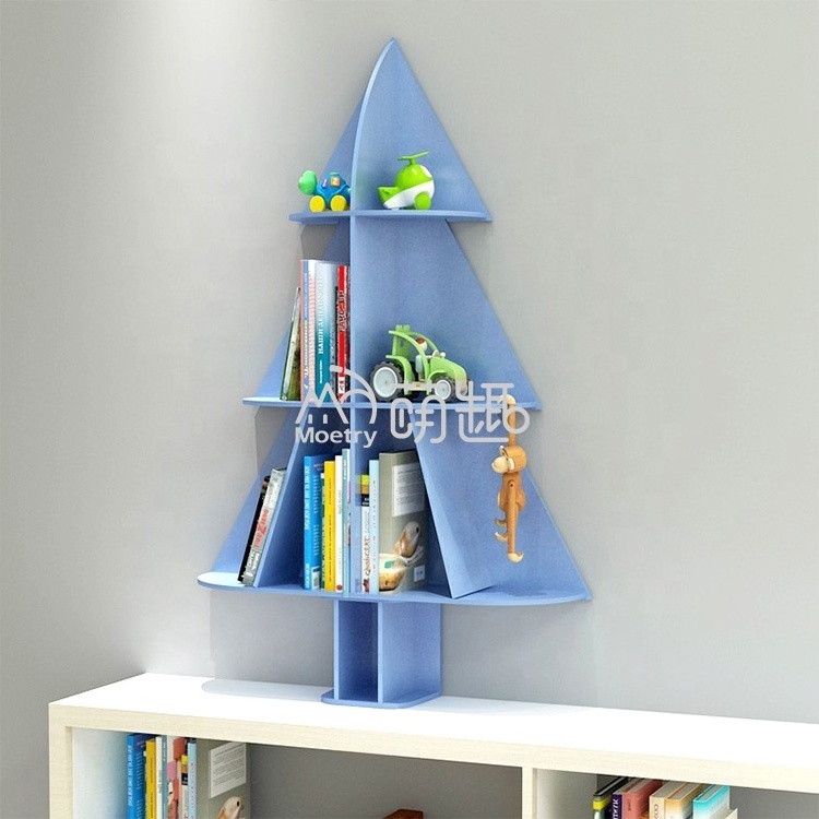 Moetry Christmas Tree Bookshelf Wooden Storage Rack Wall Mounted Book Shelf for Kindergarten Kids Library