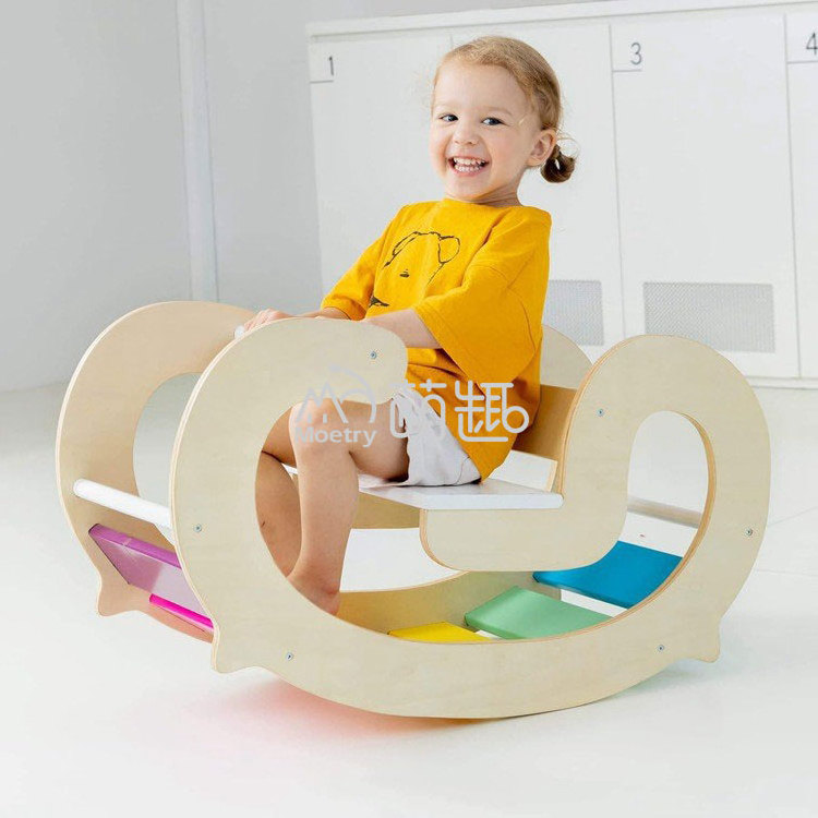 Moetry Natural Wood Rainbow Color Kids Rocking Chair Montessori Indoor Gym Wooden Baby Rocker