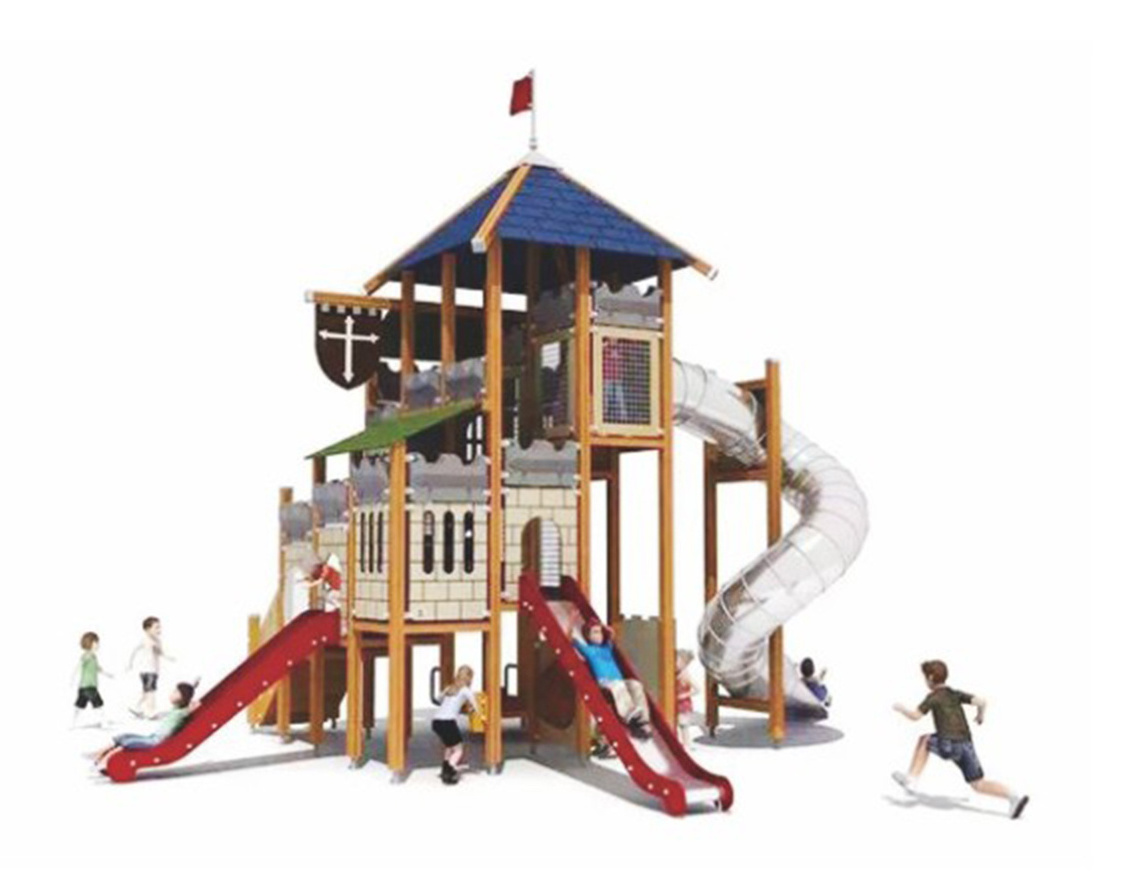 Moetry kids wood outdoor playground large twin tower playground with large tube slide for school and park