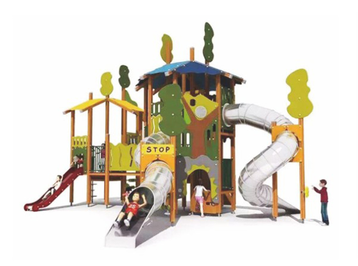 Moetry kids wood outdoor playground large twin tower playground with large tube slide for school and park