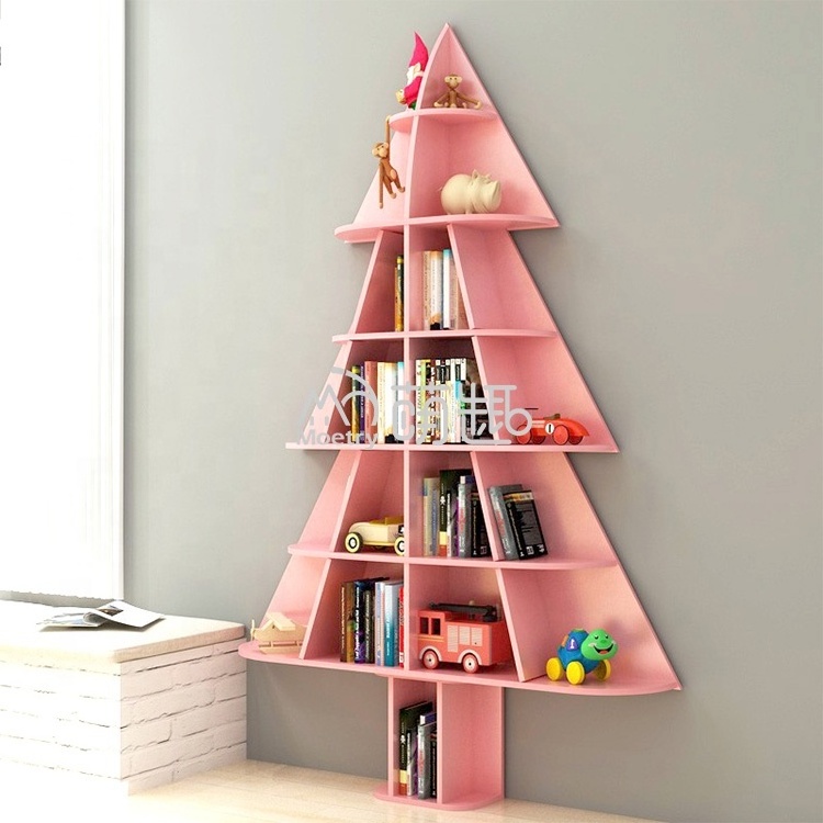 Moetry Christmas Tree Bookshelf Wooden Storage Rack Wall Mounted Book Shelf for Kindergarten Kids Library