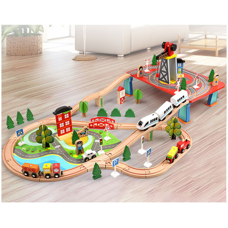 Moetry 92 PCS Wood Simple Train Track Toys Simulated Mini Train Block Set Daycare Wooden Toy Train