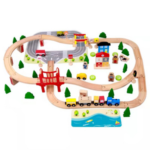 Moetry 92 PCS Wood Simple Train Track Toys Simulated Mini Train Block Set Daycare Wooden Toy Train