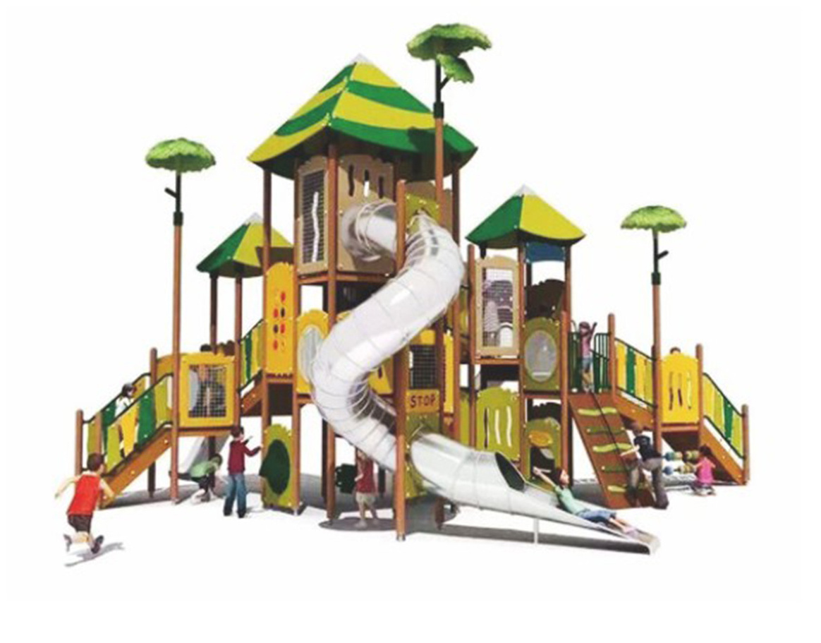 Moetry kids wood outdoor playground large twin tower playground with large tube slide for school and park