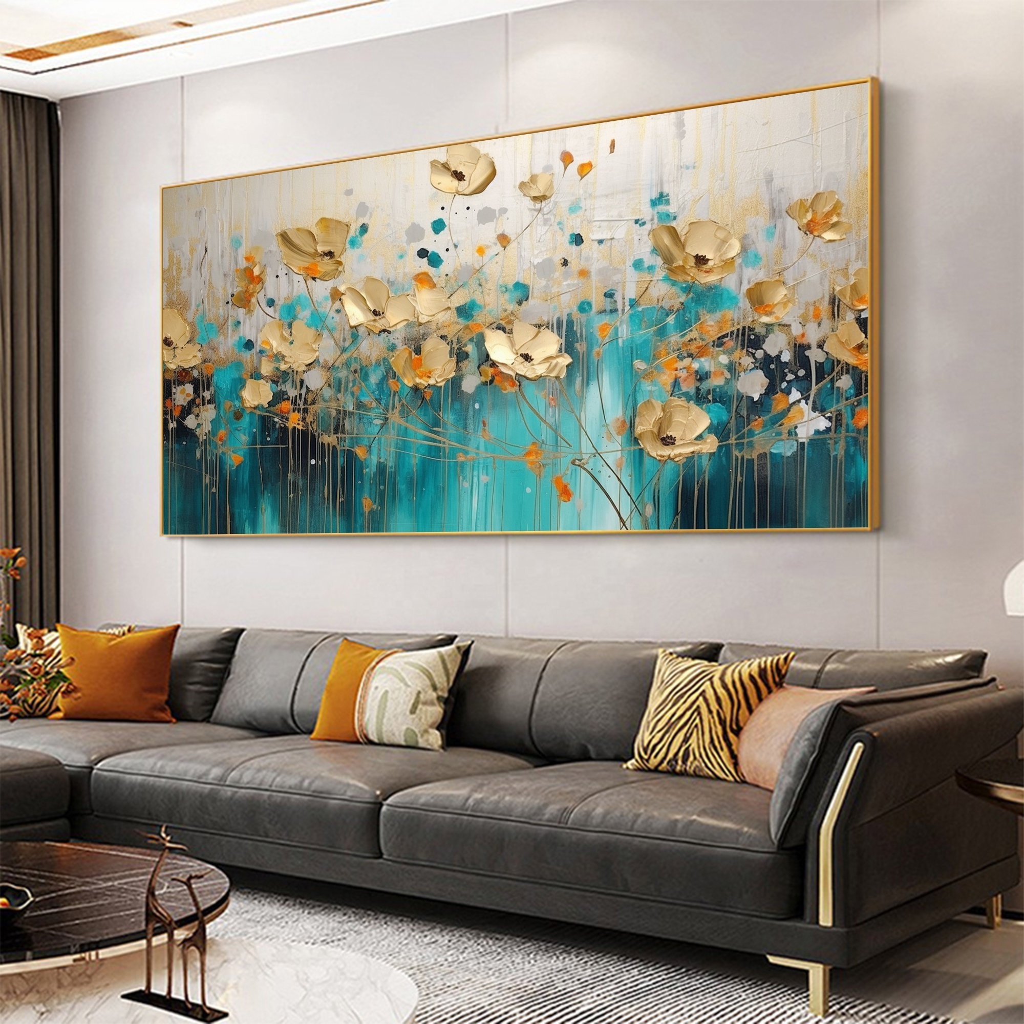 Abstract Gold Flower Oil Painting art Large Wall Art decor Floral Landscape Painting Blue Custom Painting Living room Decor