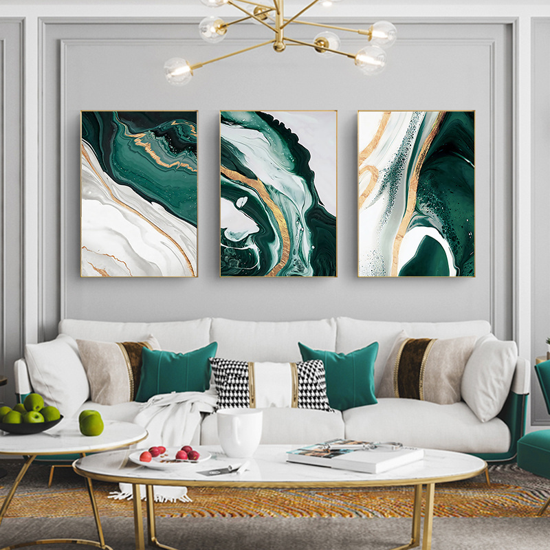 Scandinavian light luxury wall art decoration abstract dark green triptych for dining room and living room decoration