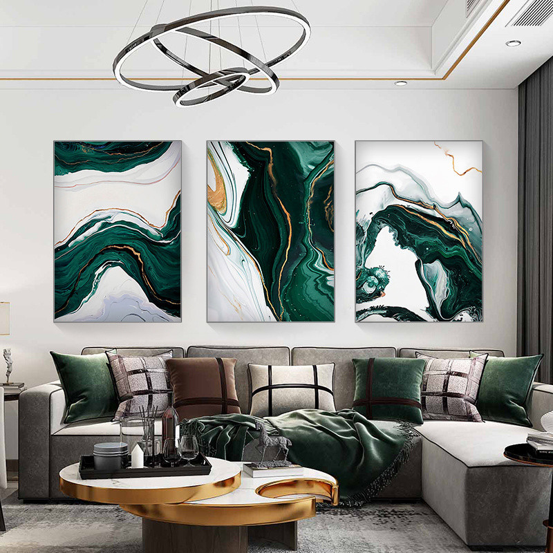 Scandinavian light luxury wall art decoration abstract dark green triptych for dining room and living room decoration