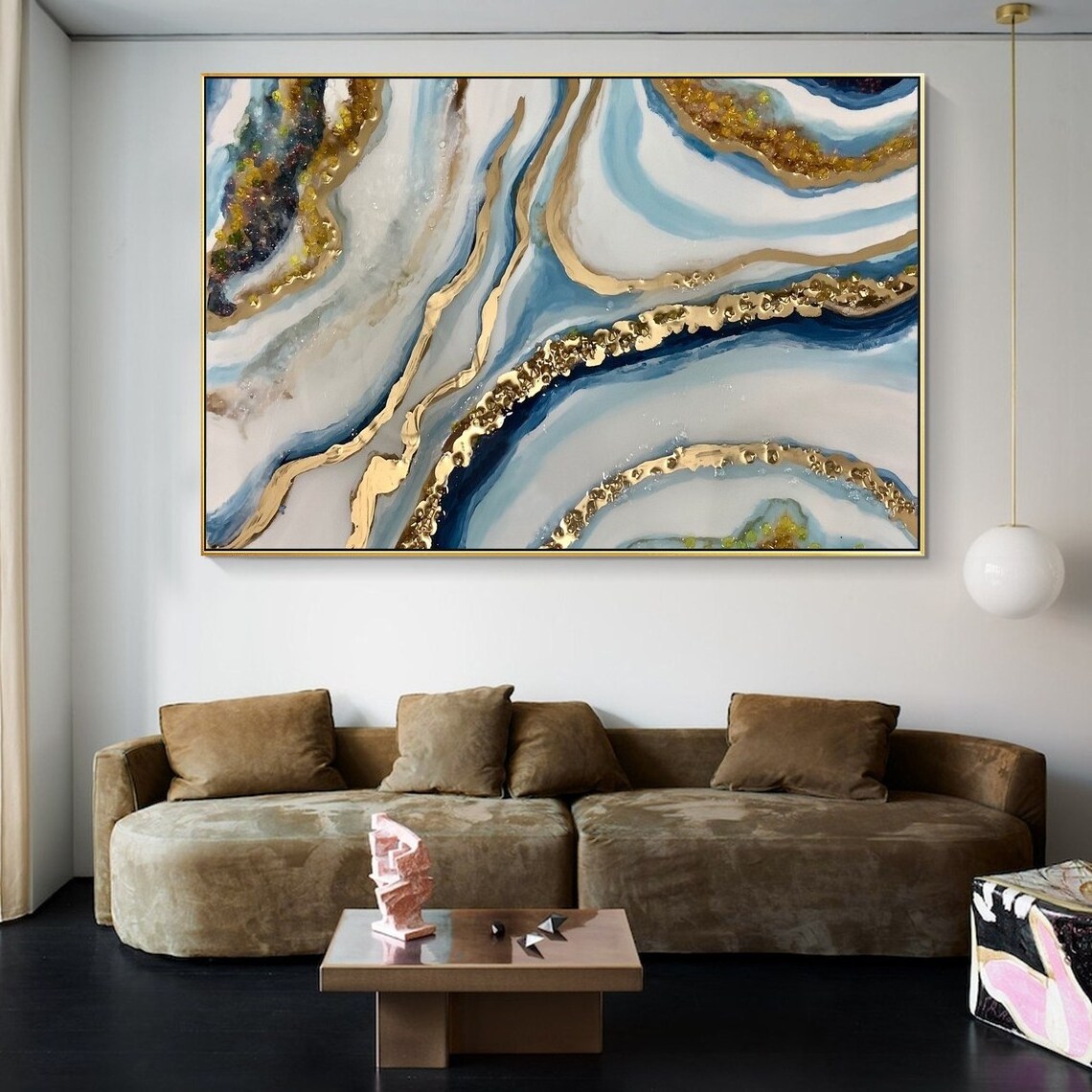 Abstract Navy Blue Gold Seascape epoxy Resin geode resin wall decor Painting 3D wall art Large acrylic painting fluid resin Art