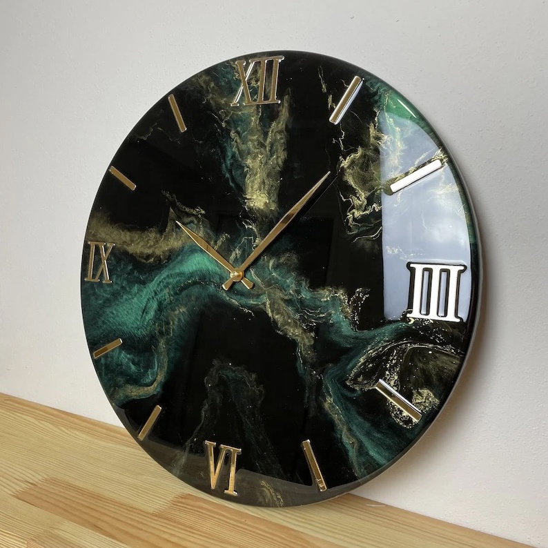 Other Wall Art Emerald Green Abstract Round Resin Clock Painting for Home Wall Decoration