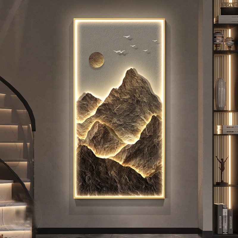 Modern Light Luxury wall art decor Sunshine Gold Mountain Luminous Crystal Porcelain Painting led wall artfor  Hotel Decoration