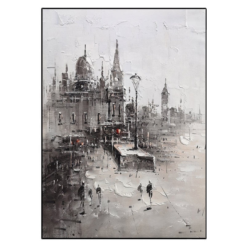 Tourist City Oil Painting Art Pure hand-painted urban architecture black and white grey landscape painting wall art decor