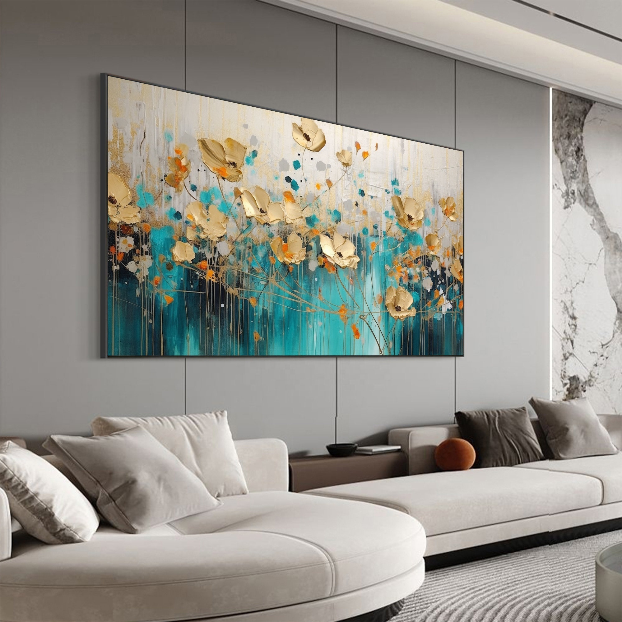 Abstract Gold Flower Oil Painting art Large Wall Art decor Floral Landscape Painting Blue Custom Painting Living room Decor